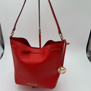 Michael Kors Red Bucket Shoulder Bag with Gold Accents